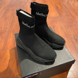 Women roberto cavalli SPORT Logo High-Top Sock Runners Sneakers Black with Box